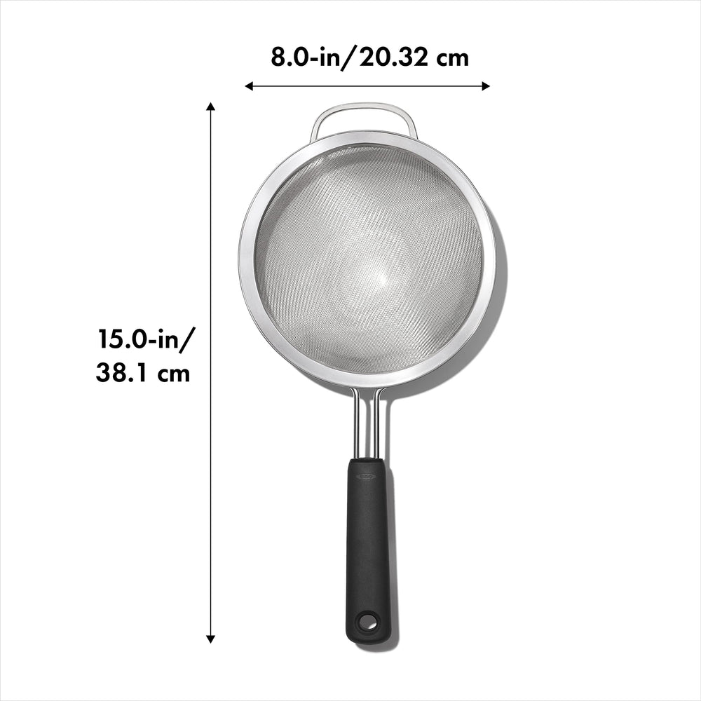 OXO colador detalle malla fina con mango antideslizante para control