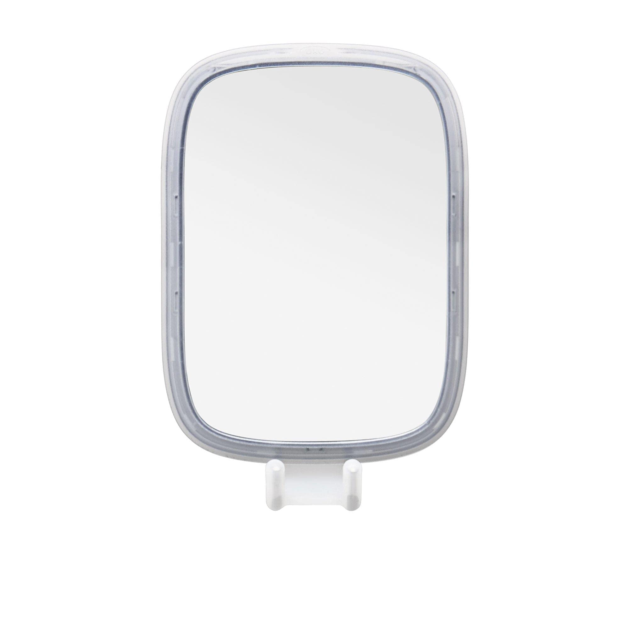 OXO espejo antivaho frontal mostrando el tamaño y la forma, práctico para afeitado