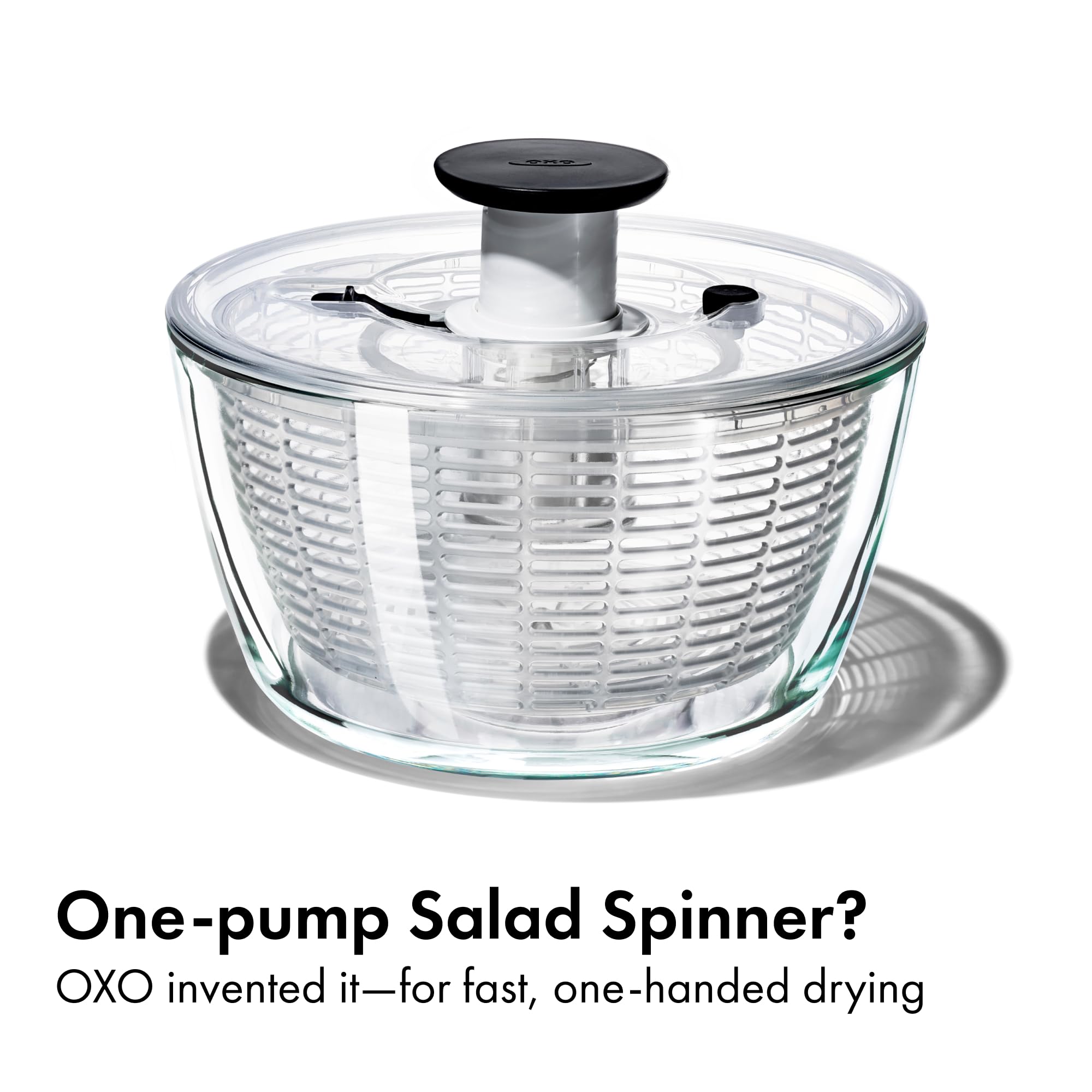 OXO close-up of pump highlights soft non-slip grip for effortless spinning
