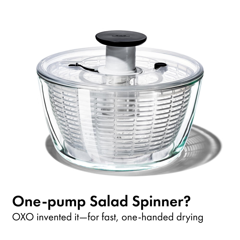 OXO close-up of pump highlights soft non-slip grip for effortless spinning