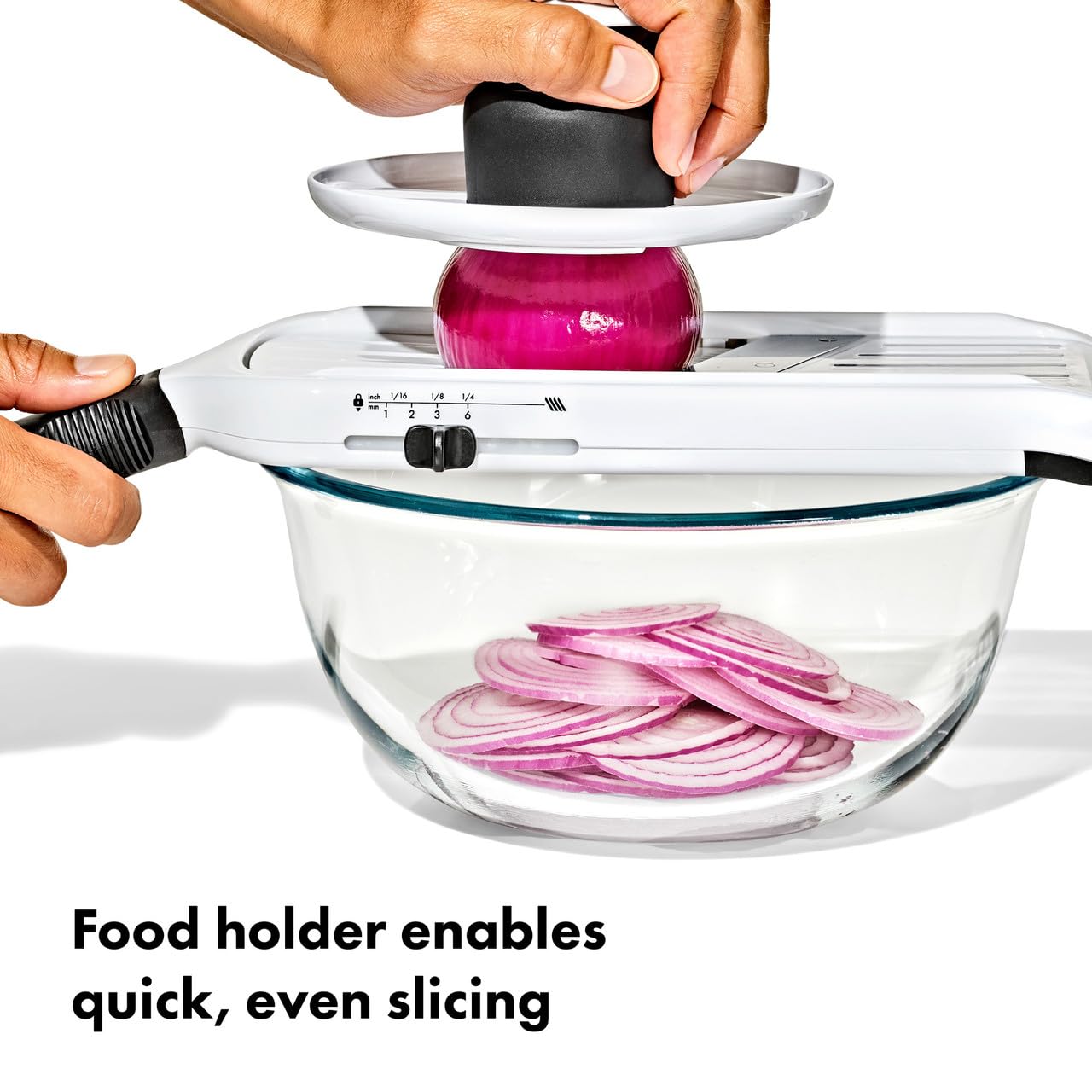 OXO mandoline clear runway closeup improving visibility for accurate slicing