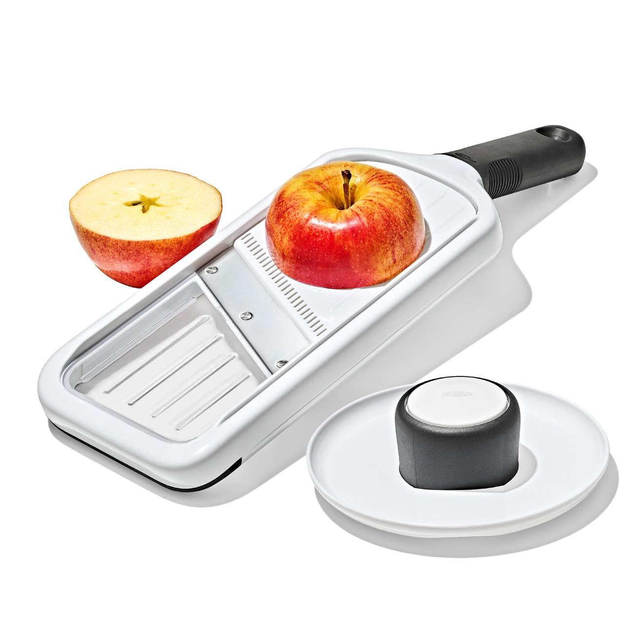 OXO mandoline side control showing five settings for versatile slicing