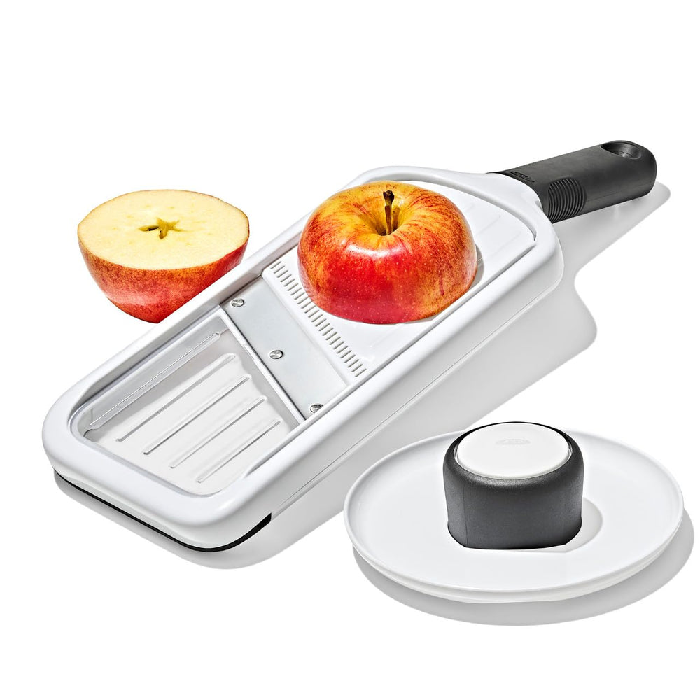 OXO mandoline side control showing five settings for versatile slicing