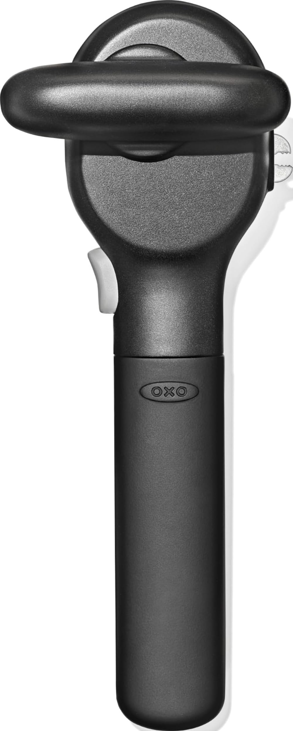 OXO front view of can opener showing soft-grip handles and smooth-edge benefit