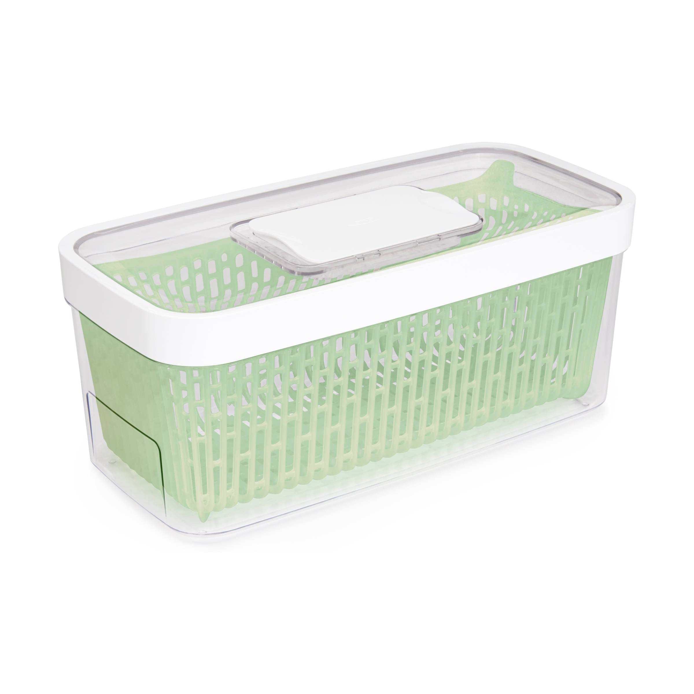 OXO GreenSaver en uso dentro de la nevera mantiene verduras frescas
