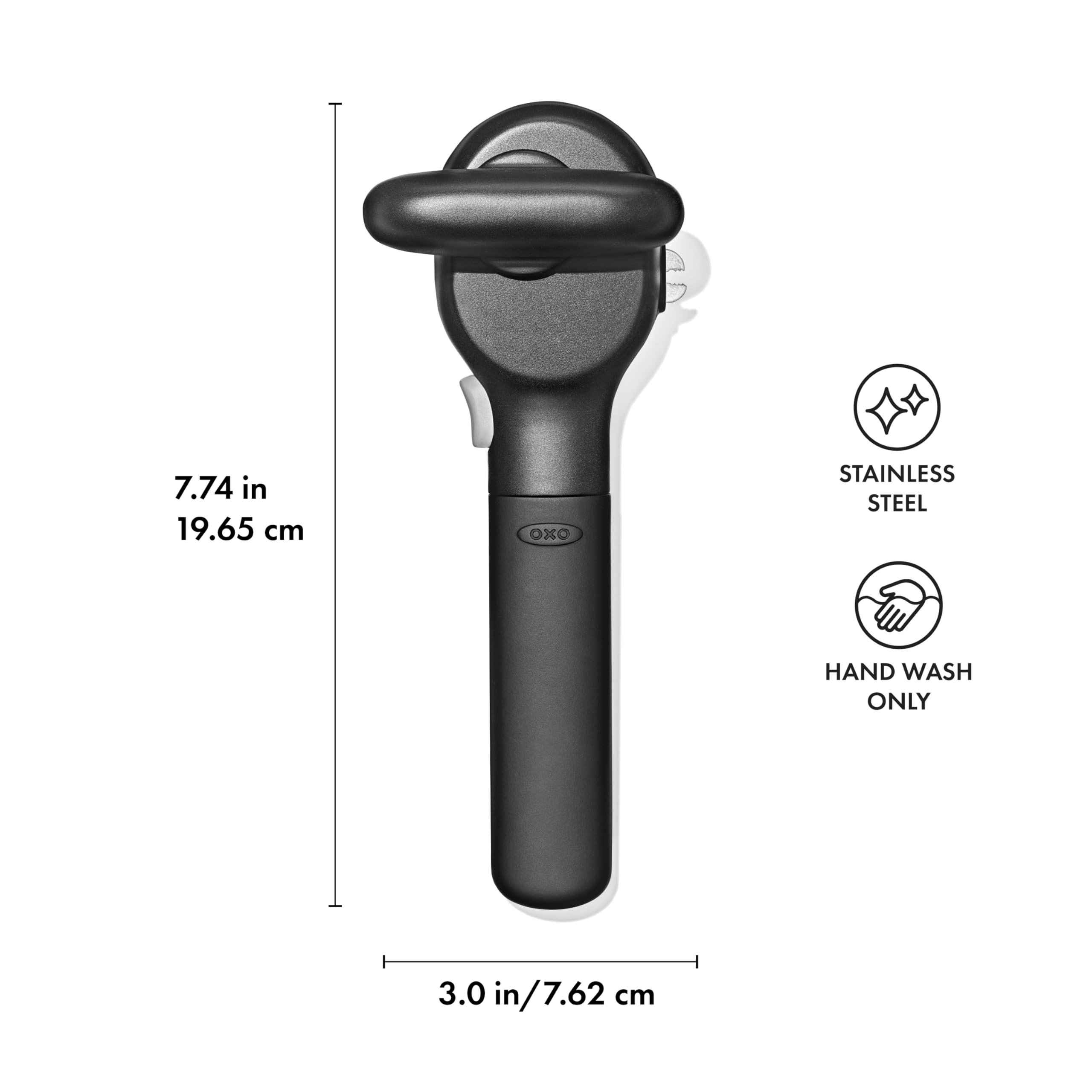 OXO can opener in kitchen use demonstrating effortless, safe can opening