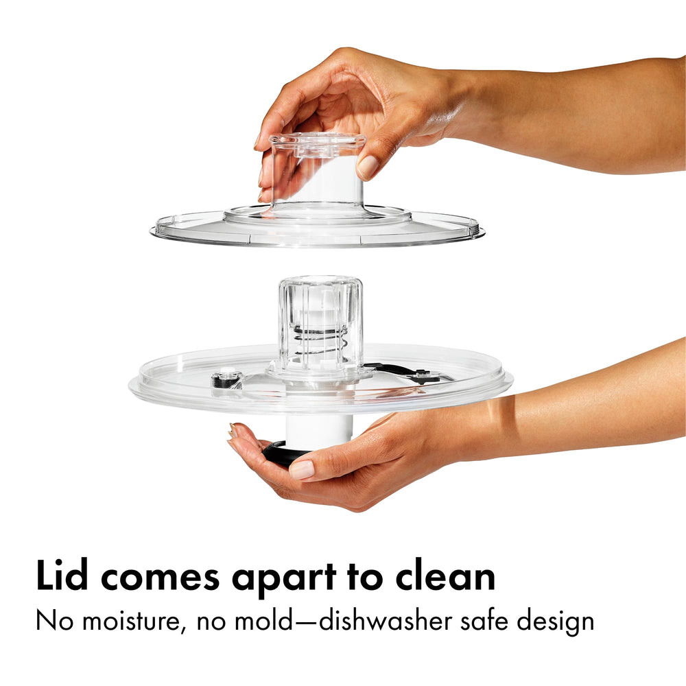 OXO Good Grips disassembled lid, basket and bowl for easy dishwasher cleaning