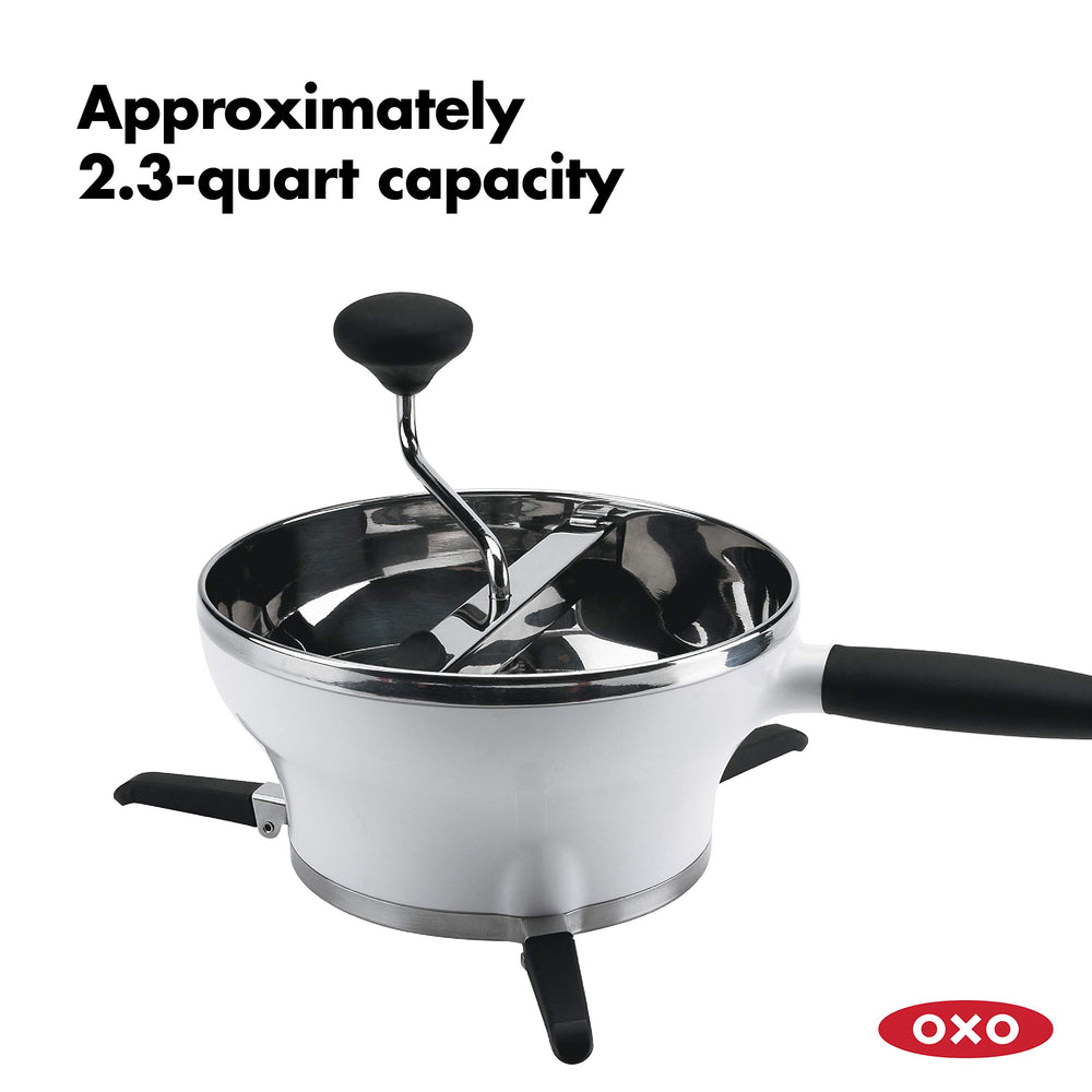 OXO size comparison with a mixing bowl showing 2.3-quart capacity