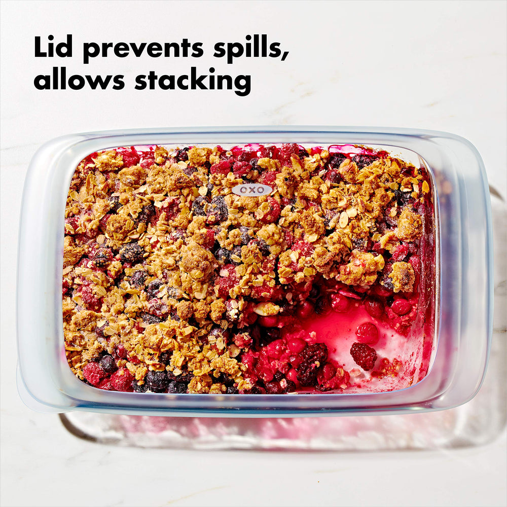 OXO dish stacked in fridge showing compact, leak-resistant storage