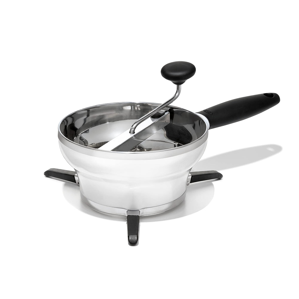 OXO stainless steel bowl front view showing durable surface and heat resistance