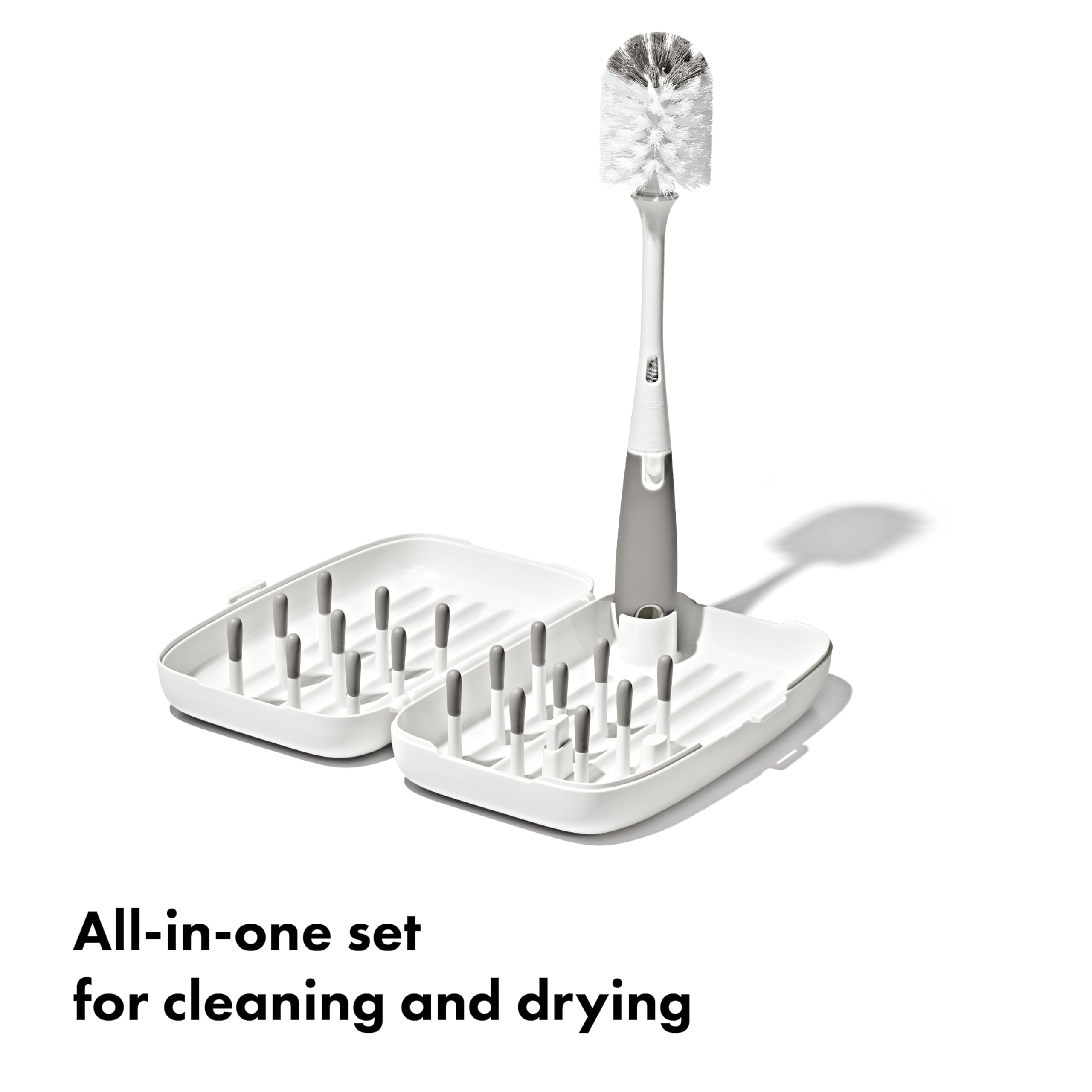 OXO Tot close-up of drying tray ridges and pegs for elevated airflow and drainage