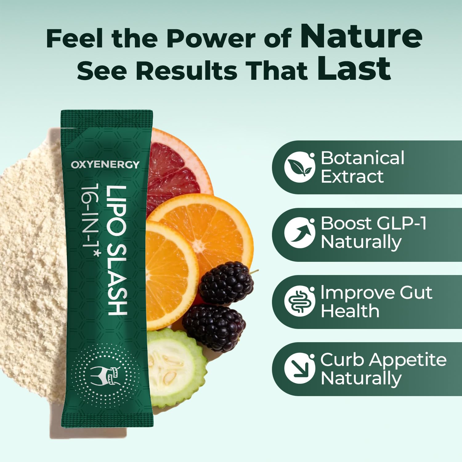 OxyEnergy sobre junto a naranja que sugiere sabor y disfrute natural