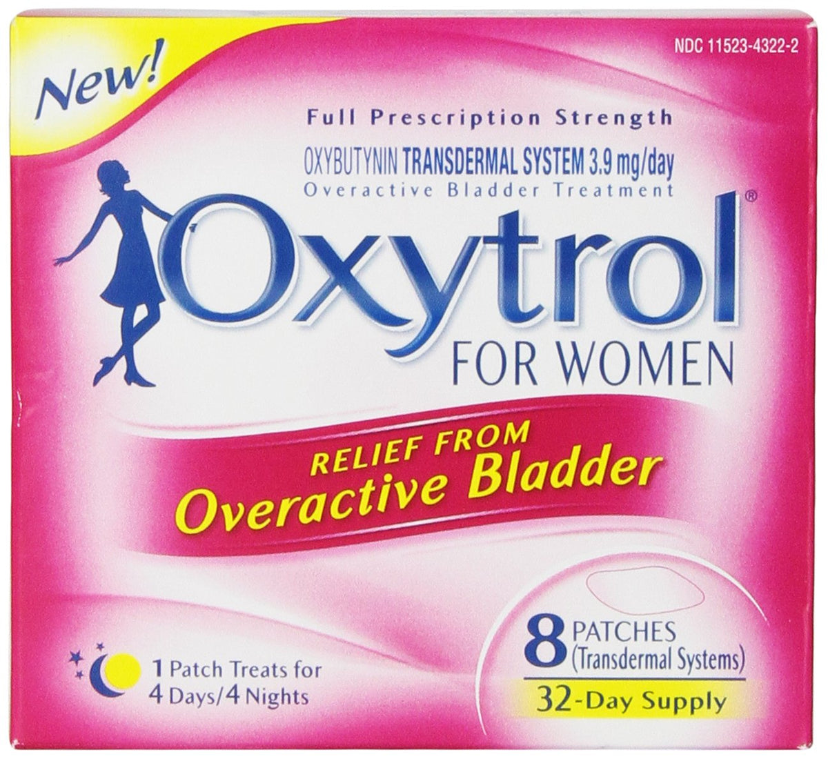 Oxytrol for Women empaque frontal mostrando 8 parches para alivio continuo