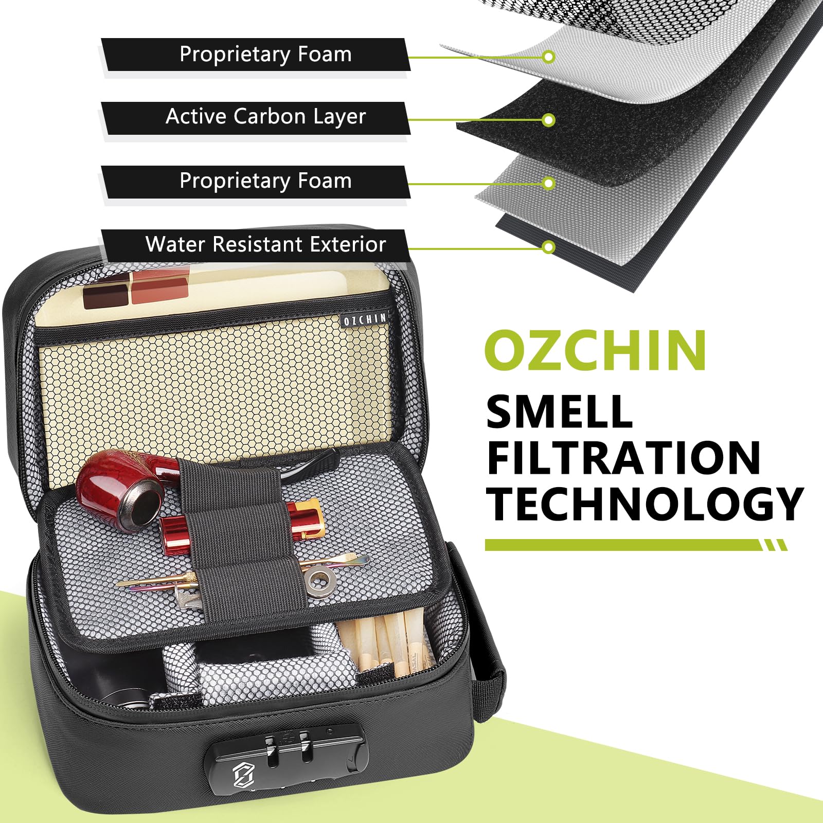 OZCHIN etiqueta y candado de combinación mostrando seguridad ajustable