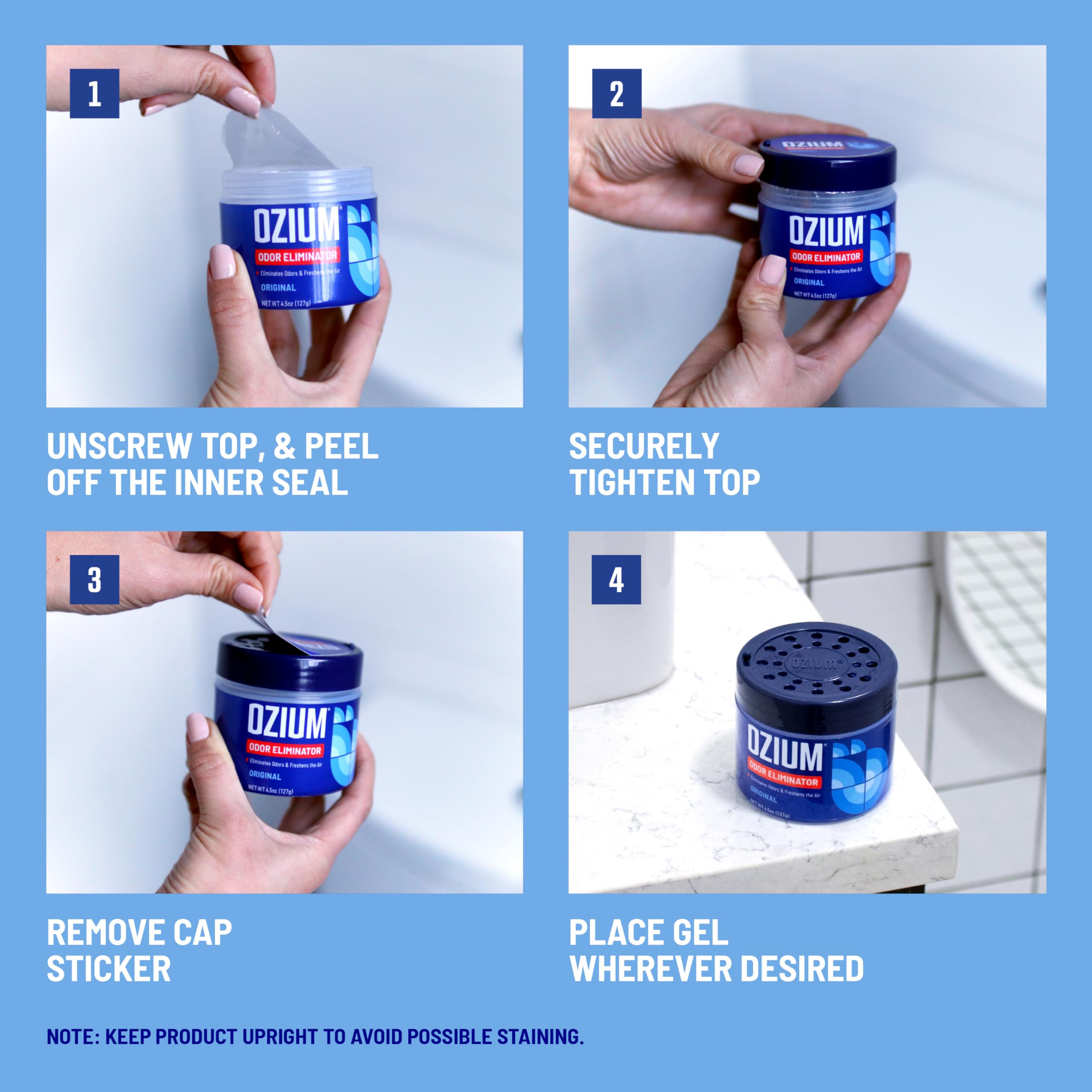 Ozium gel junto a objetos para comparar el tamaño 8 oz fácilmente