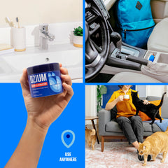 Ozium gel en baño mostrando neutralización de olores en espacios pequeños