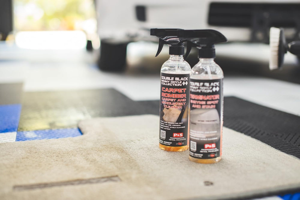 P & S PROFESSIONAL DETAIL PRODUCTS before and after car seat cleaning, restores fabric appearance