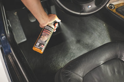 P & S PROFESSIONAL DETAIL PRODUCTS being sprayed on car upholstery, fast stain-lifting benefit