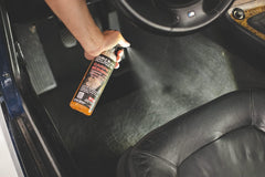 P & S PROFESSIONAL DETAIL PRODUCTS being sprayed on car upholstery, fast stain-lifting benefit