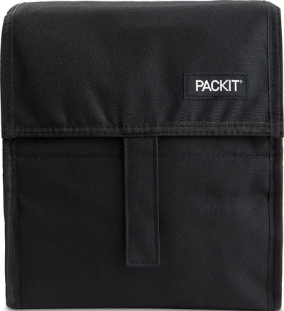 PackIt front view showing black freezable lunch bag and secure zip closure benefit cooling