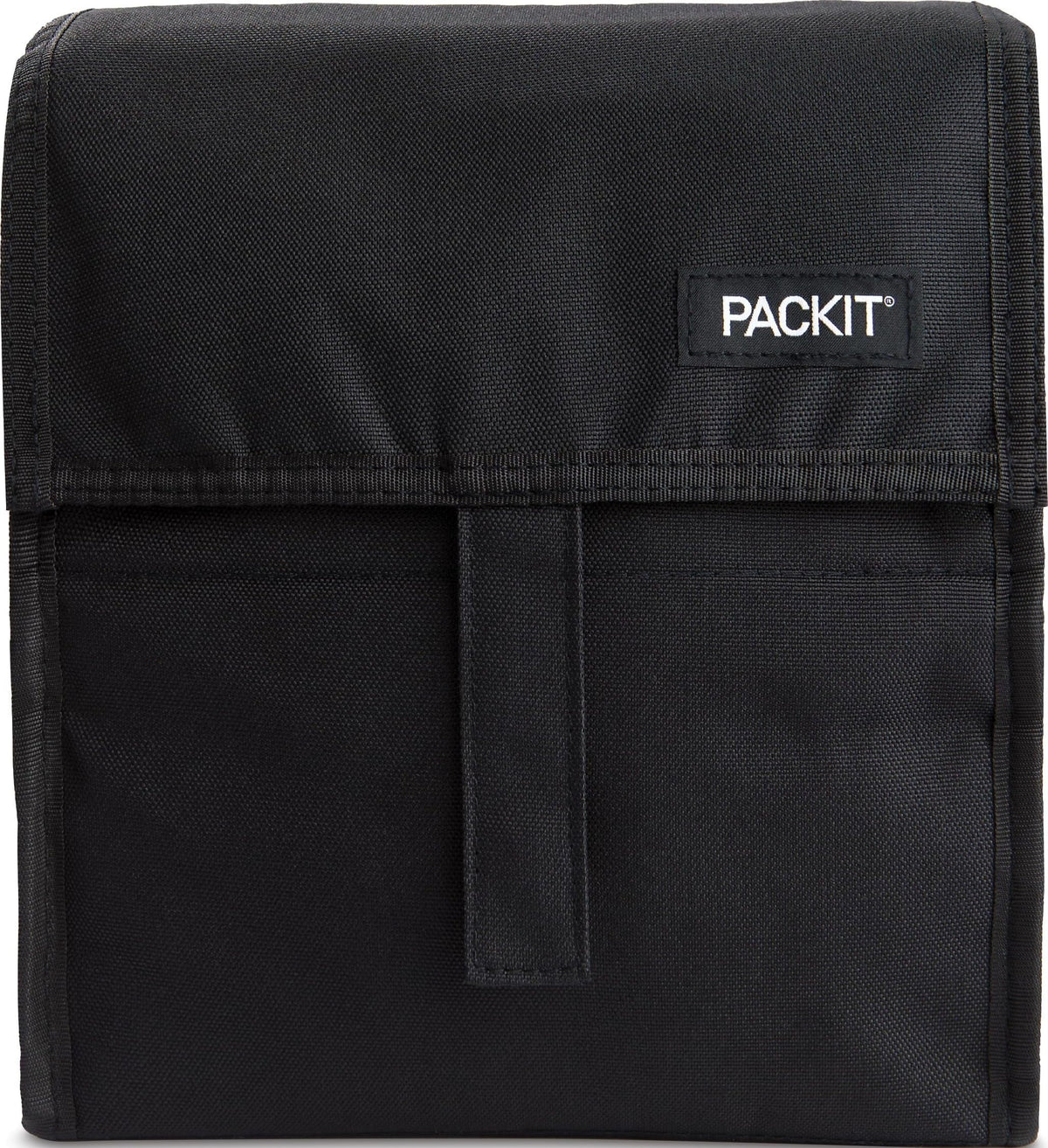 PackIt front view showing black freezable lunch bag and secure zip closure benefit cooling