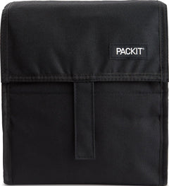 PackIt front view showing black freezable lunch bag and secure zip closure benefit cooling