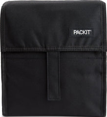 PackIt front view showing black freezable lunch bag and secure zip closure benefit cooling