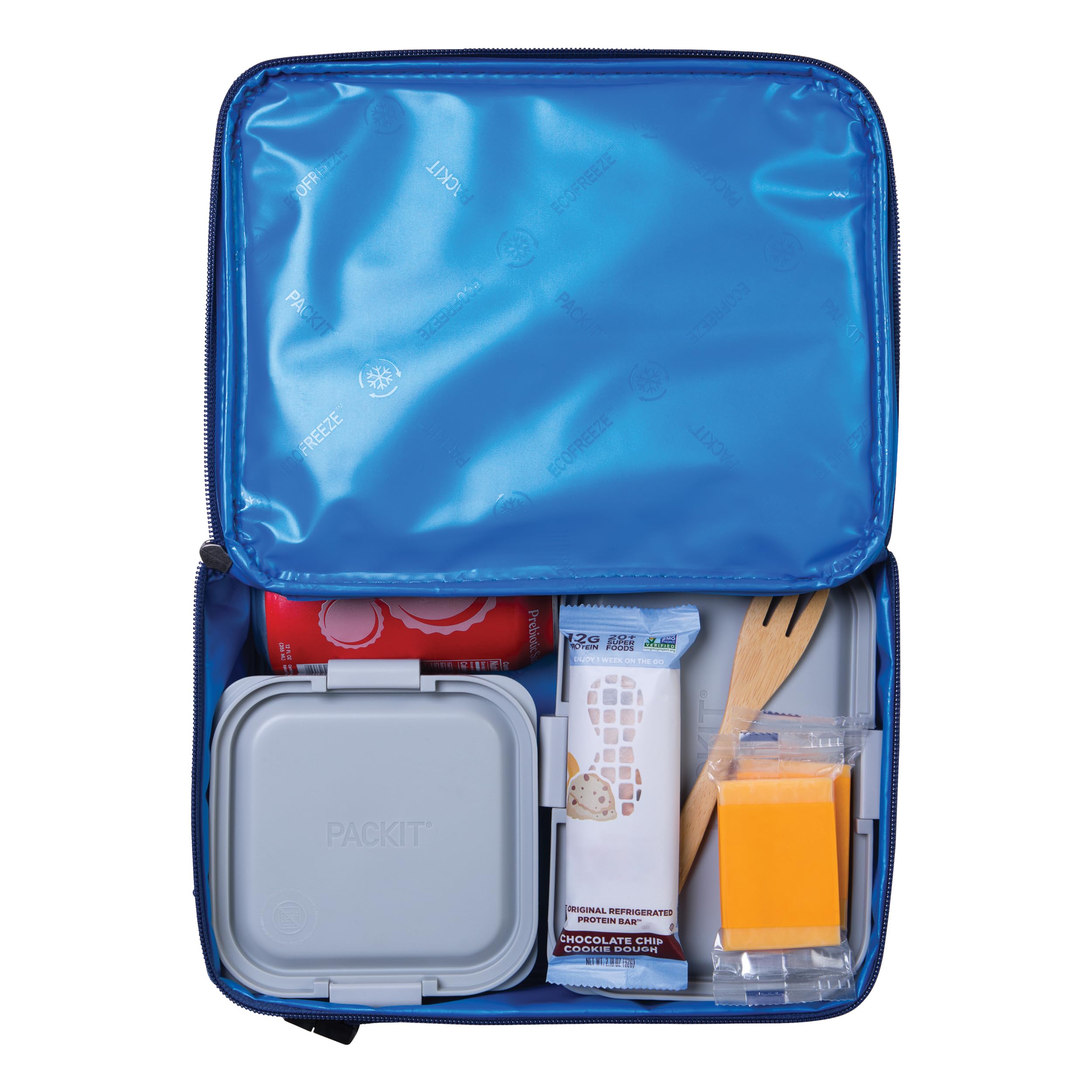 PackIt open top with lunchbox and bottle inside illustrating easy packing