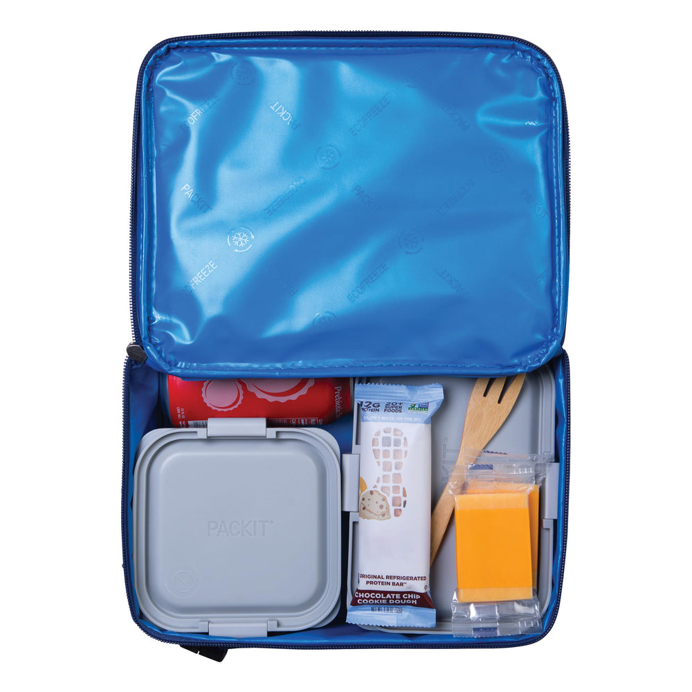 PackIt open top with lunchbox and bottle inside illustrating easy packing