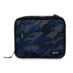 PackIt Sporty Camo Navy vista frontal mostrando diseño y cremallera, fácil transporte