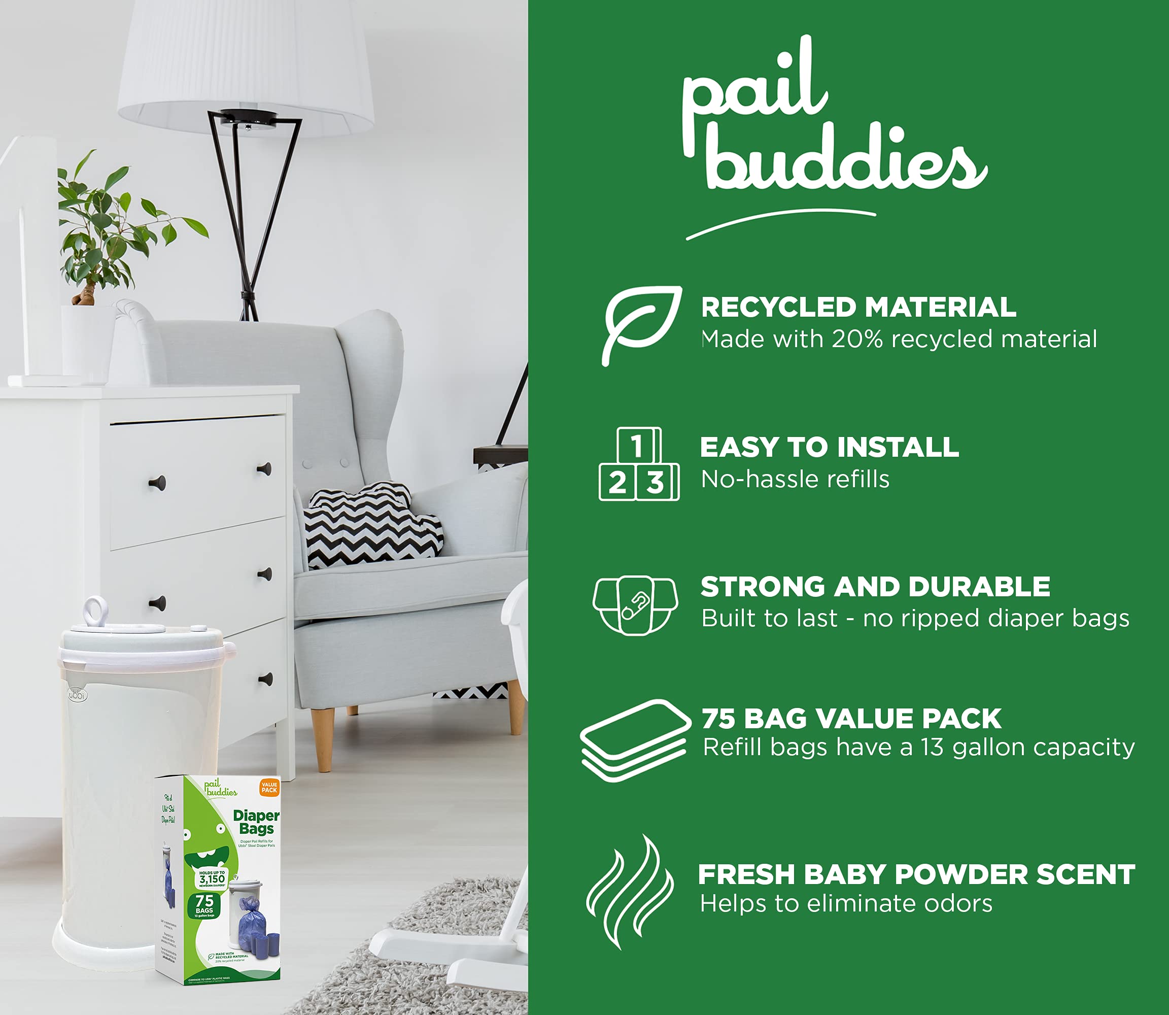 Pail Buddies bolsa colocada en pail Ubbi ajustada y segura