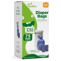 Pail Buddies empaque frontal mostrando 75 bolsas y beneficios