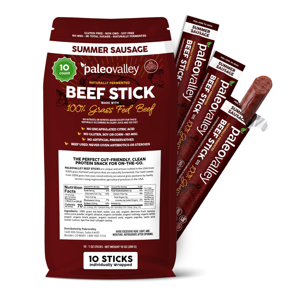 Paleovalley empaque frontal mostrando beef sticks y conveniencia