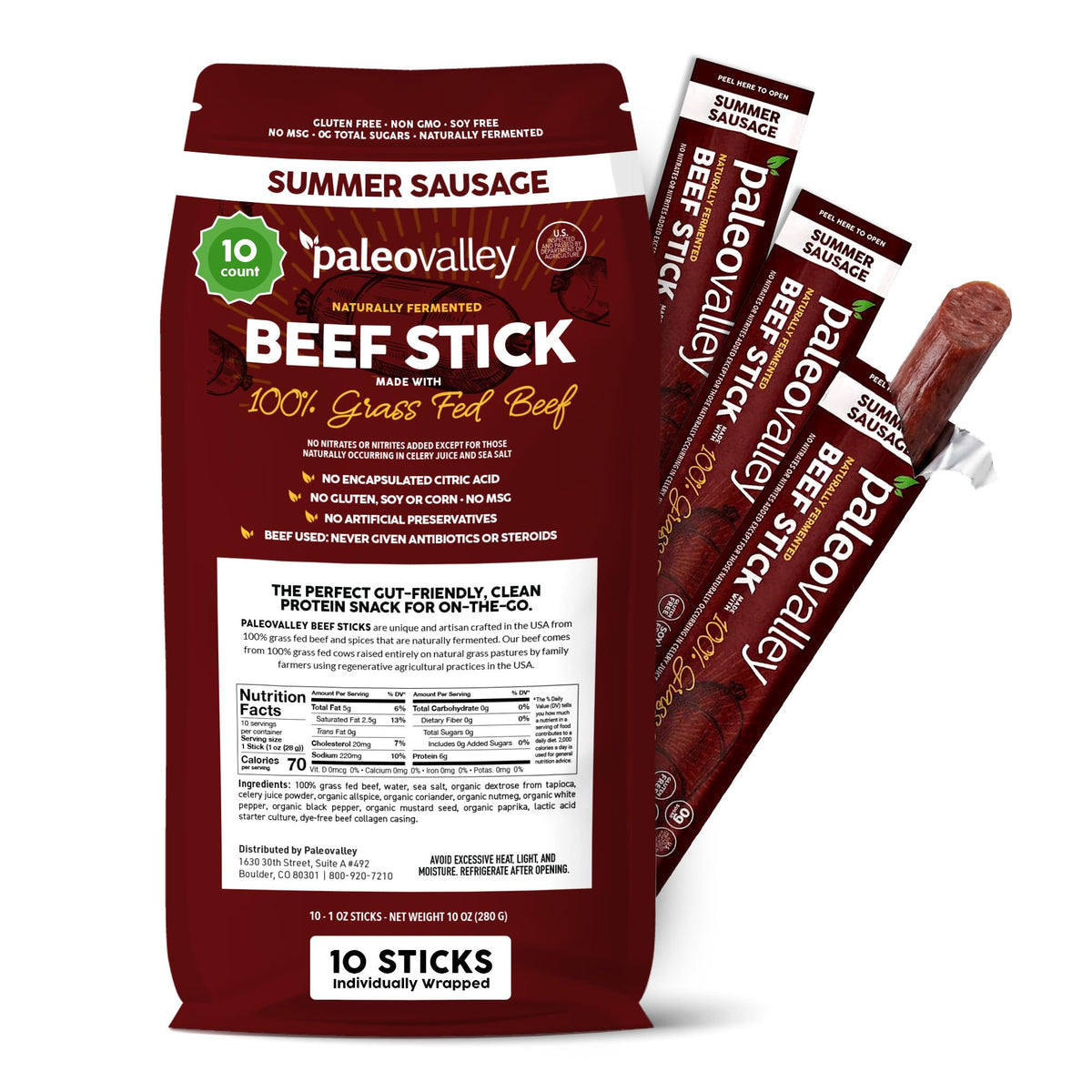 Paleovalley empaque frontal mostrando beef sticks y conveniencia