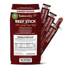 Paleovalley empaque frontal mostrando beef sticks y conveniencia