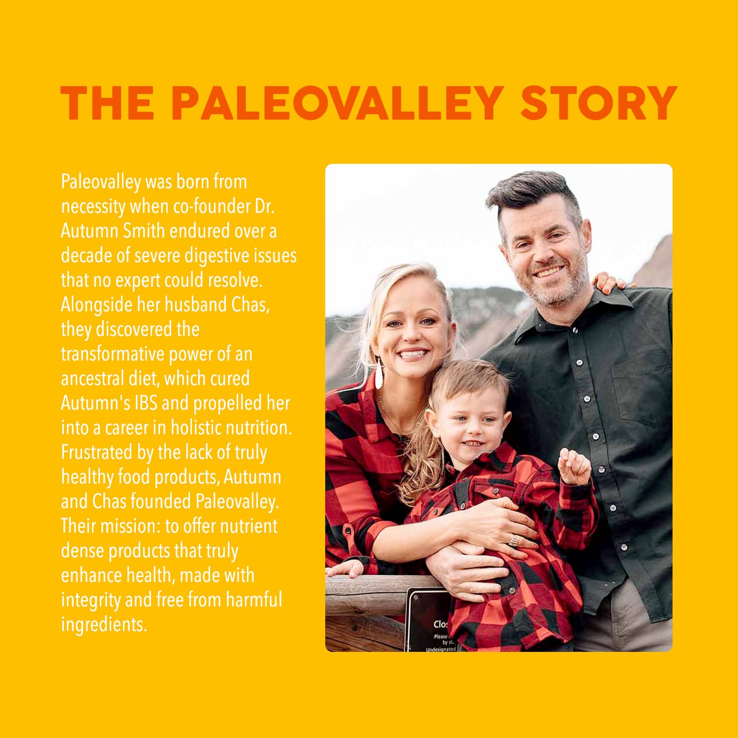 Paleovalley empaque lateral destacando fabricación en EE. UU. y garantía