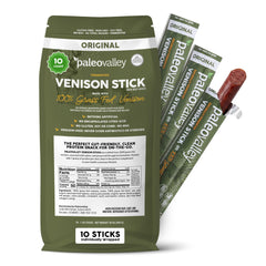 Paleovalley paquete frontal mostrando venison sticks nutritivos y limpios