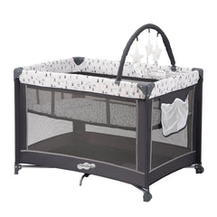 Pamo babe front packaging showing compact travel playard ready for use and transport
