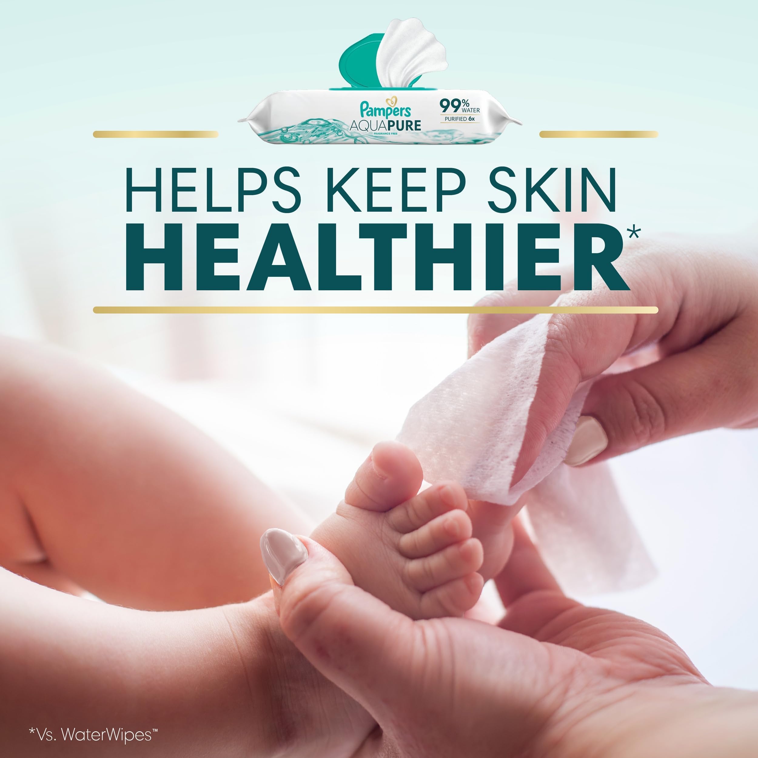 Baby diaper change using Pampers Aqua Pure wipes for gentle, quick cleanup