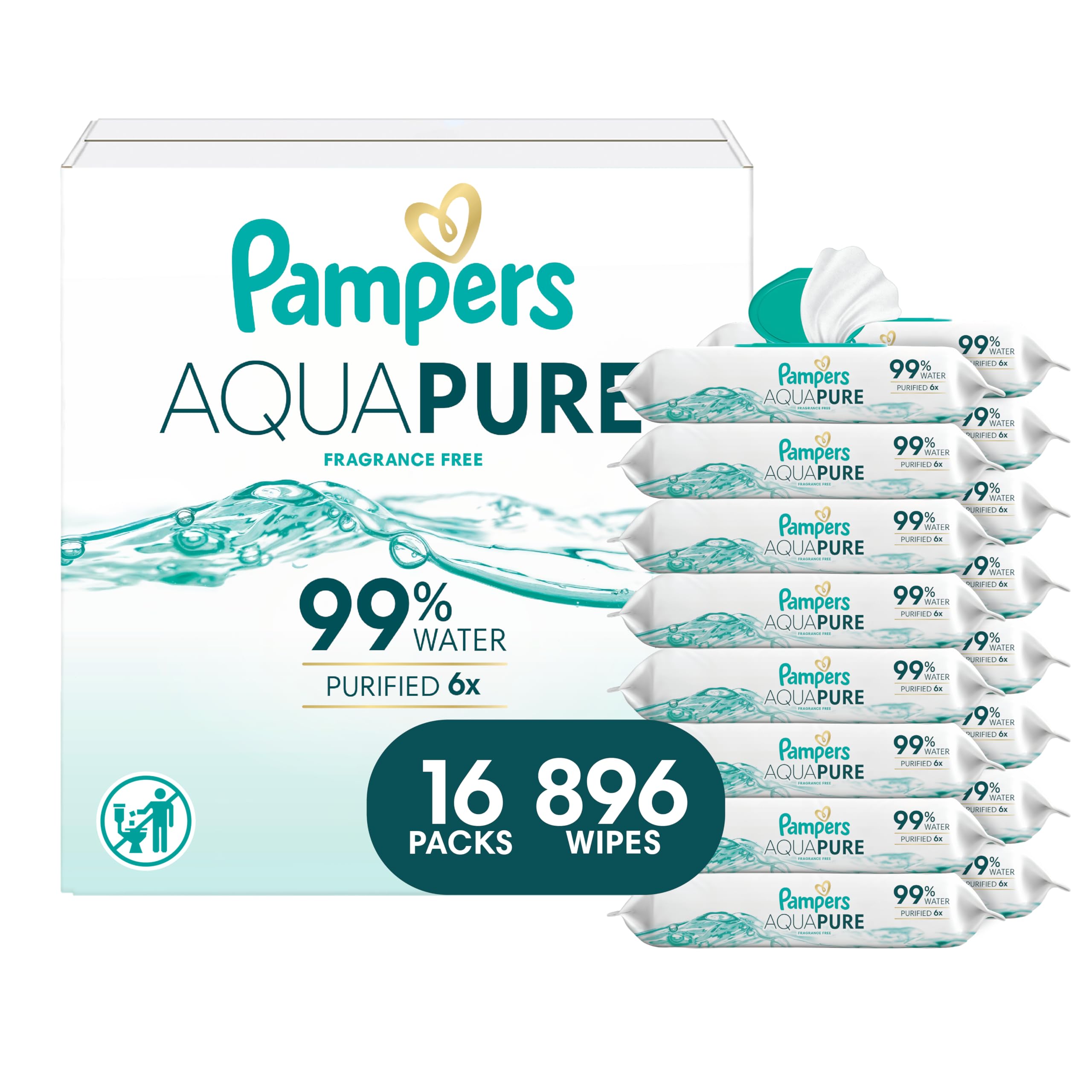 Pampers Aqua Pure front packaging showing unscented, water-based wipes and count