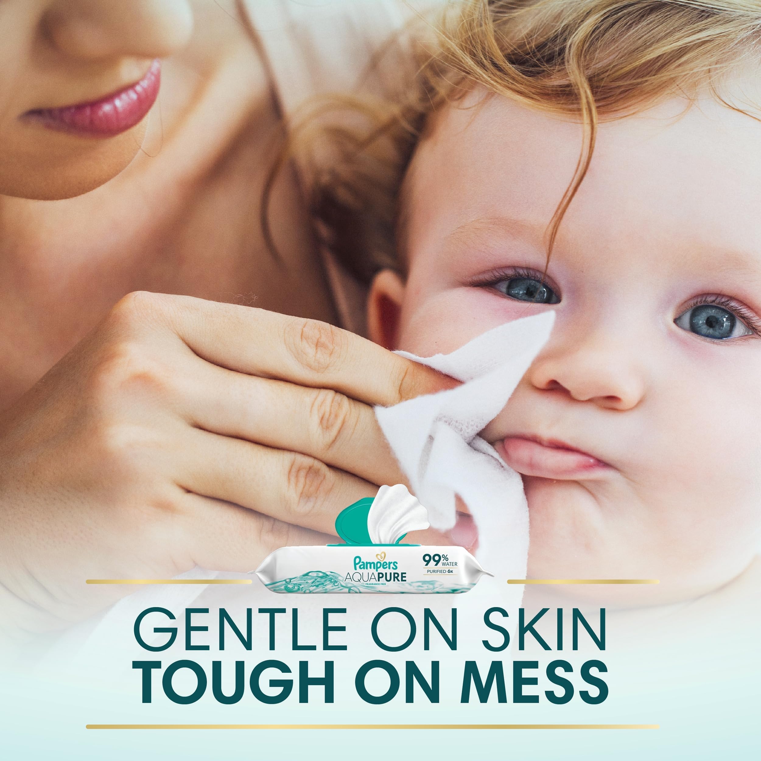 Nursery scene using Pampers Aqua Pure for face and hands, promoting sensitive-skin care