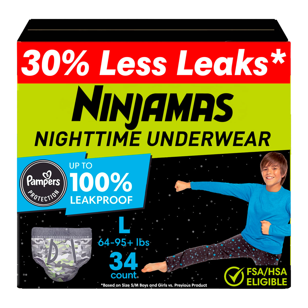 Pampers Ninjamas frente del empaque mostrando protección nocturna