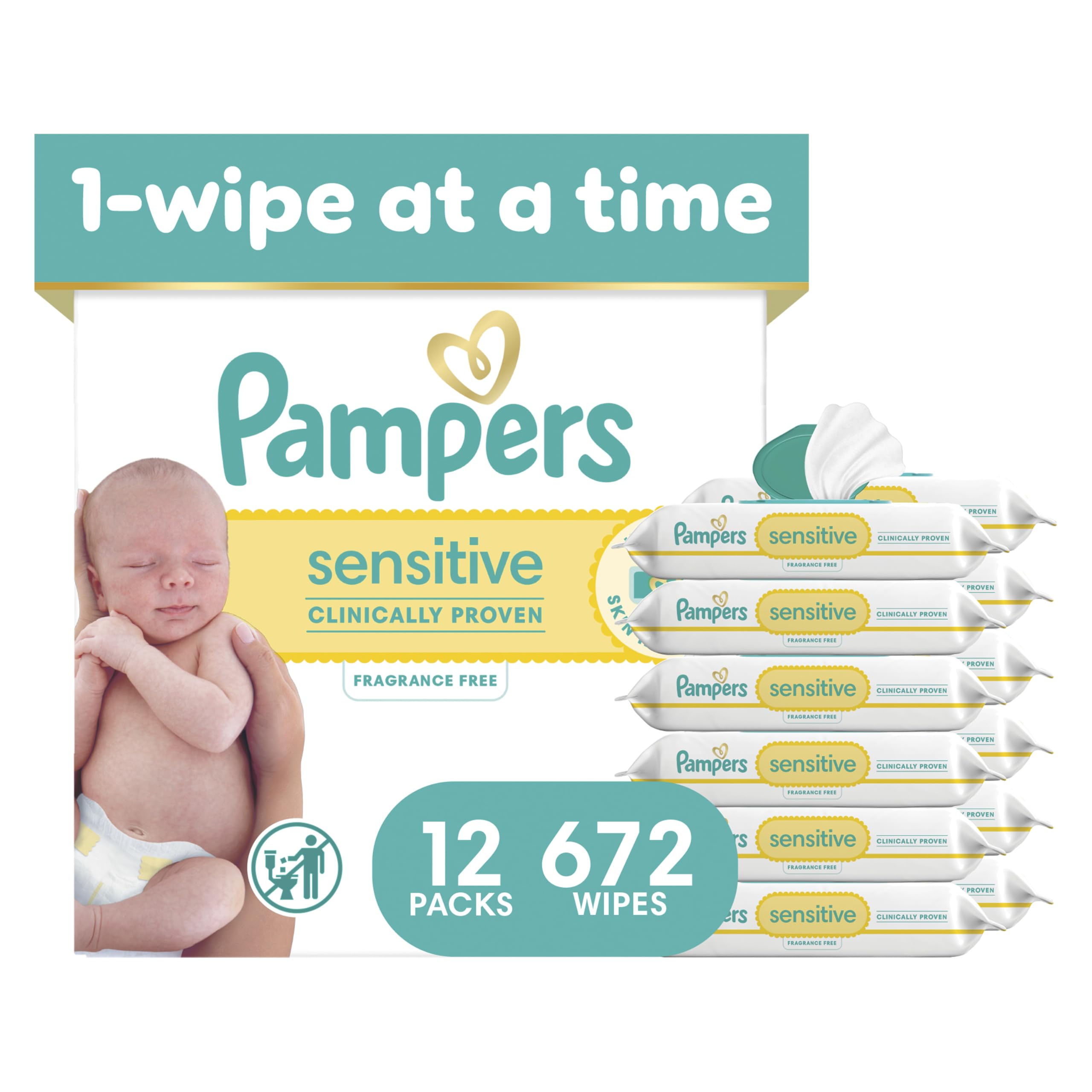 Pampers paquete frente mostrando 672 toallitas y tapa fácil de usar