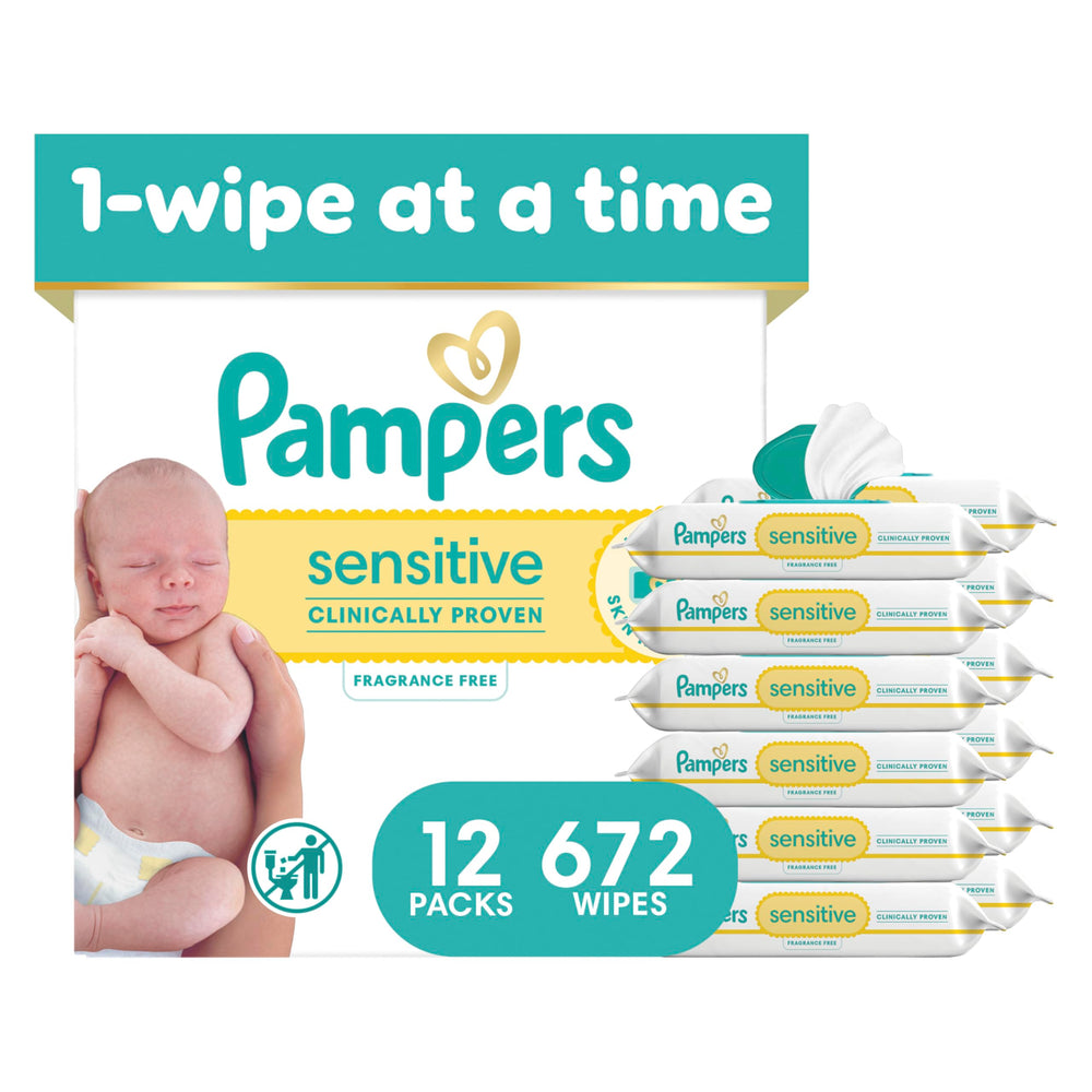 Pampers paquete frente mostrando 672 toallitas y tapa fácil de usar