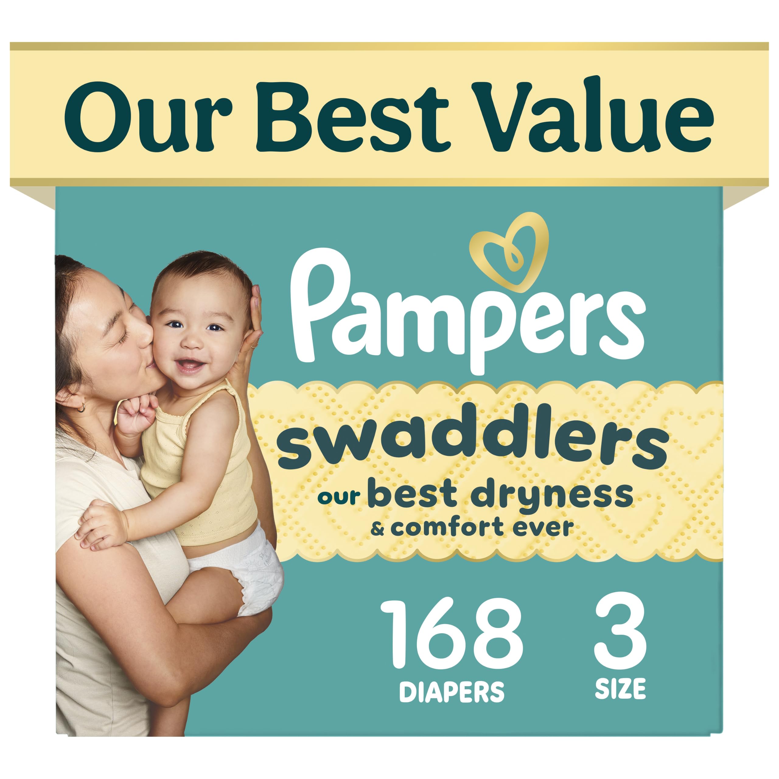 Pampers front pack image showing size 3 and 168 count for reliable supply