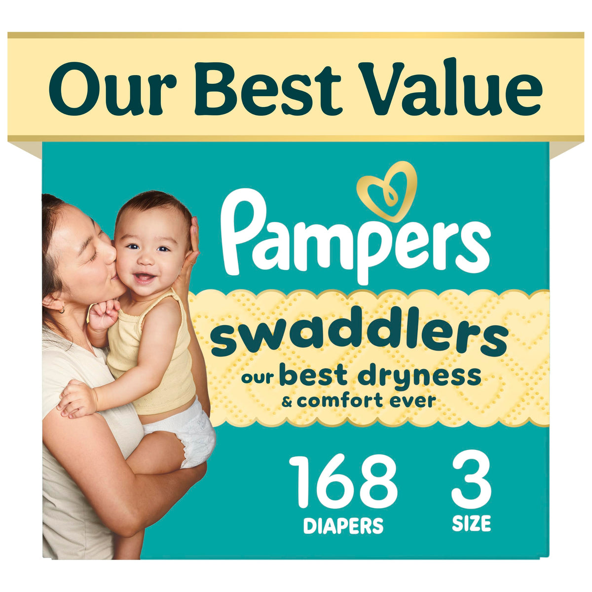 Pampers front pack image showing size 3 and 168 count for reliable supply
