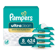 Pampers Ultraclean frente del paquete mostrando cantidad y tapa