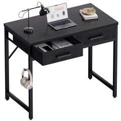 Pamray escritorio frontal negro mostrando diseño compacto y ahorro de espacio