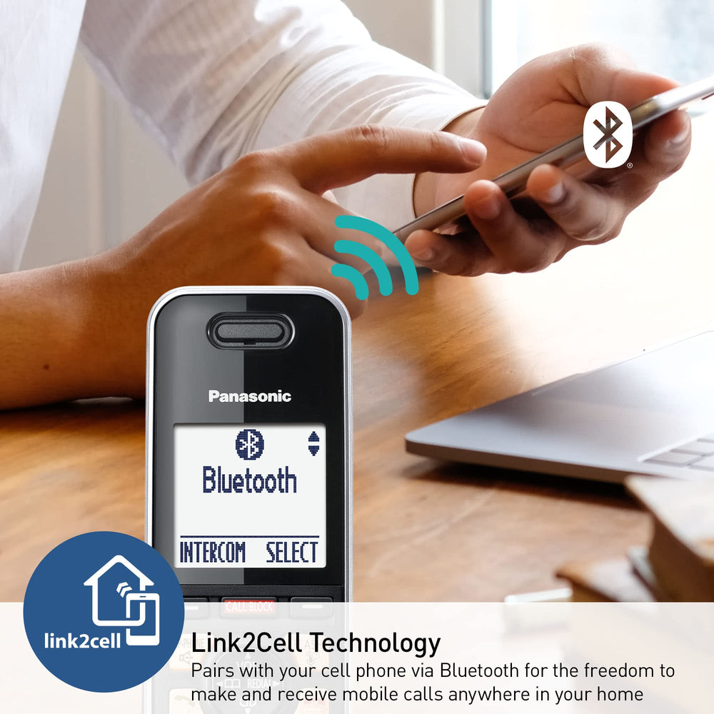 Panasonic base station with handset illustrating compact setup and central docking