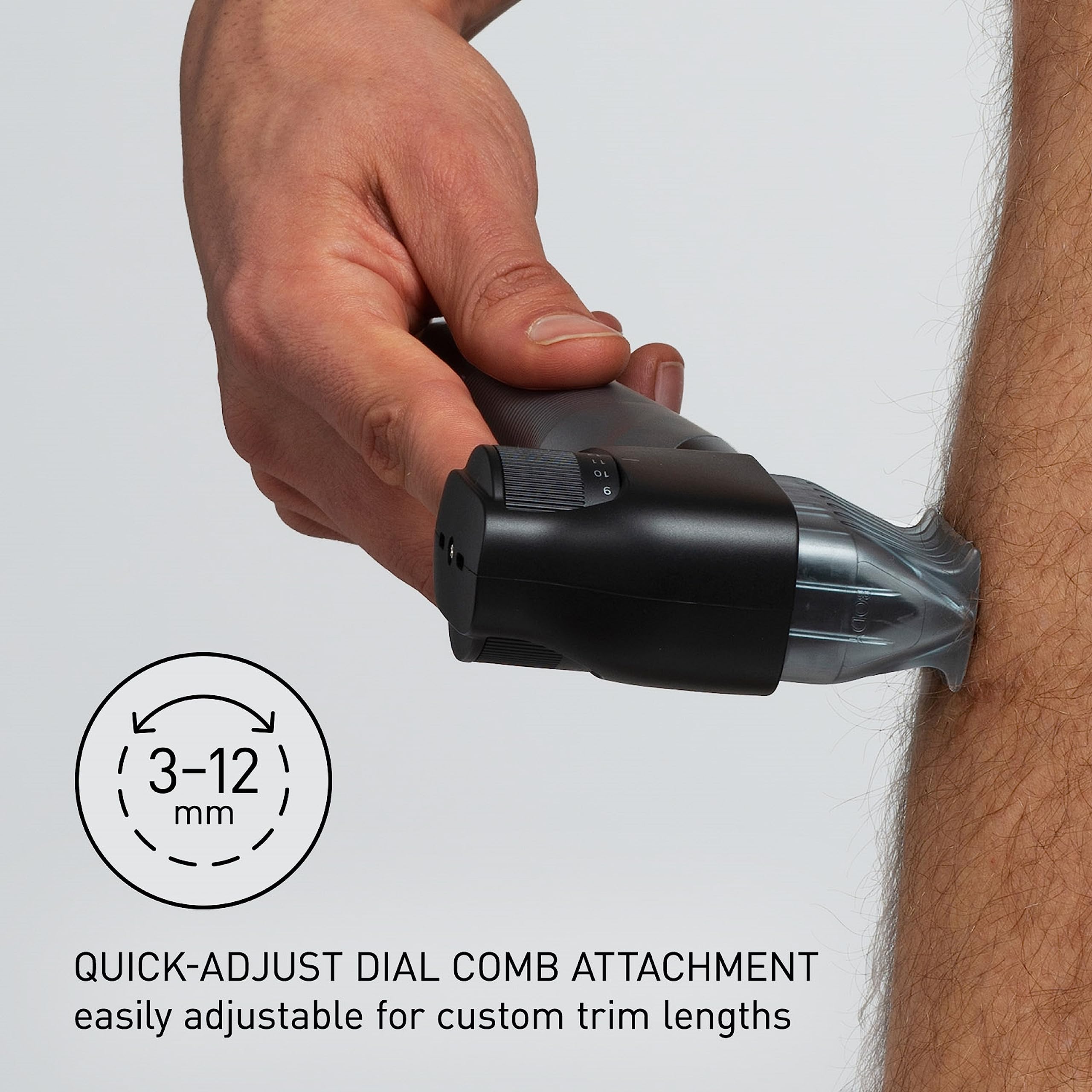 Panasonic cordless trimmer held in hand to show scale and ergonomic non-slip grip advantage